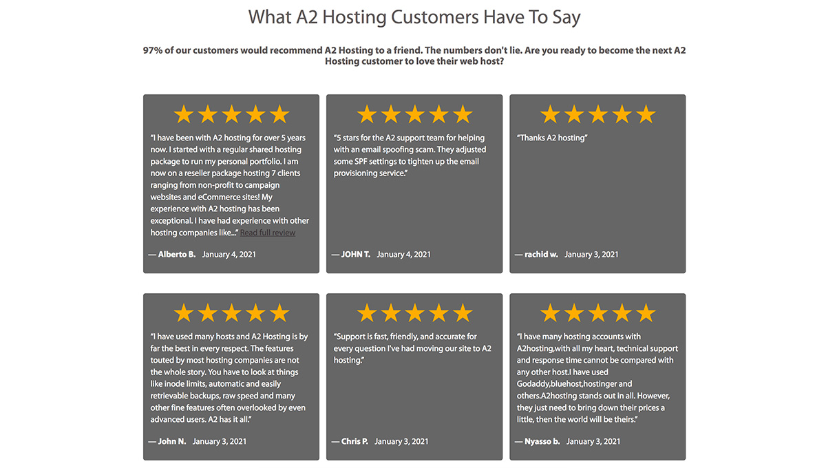 Customer Satisfaction reviews from A2 Hosting - 97% of their customers would recommend A2 hosting to a friend. 